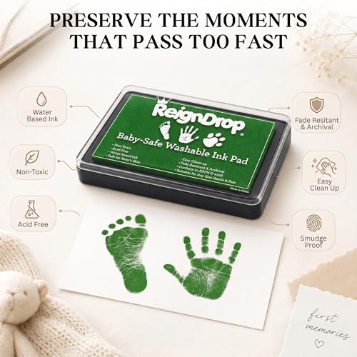 ReignDrop Baby Ink Pad for Hand and Footprints, Non-Toxic Acid-Free Keepsake Kit, Smudge-Proof Archival Ink Wipes Off Skin, for Scrapbook, Photo Album, Frames & Pet Paws, Baby Gift (Green) - color: Green