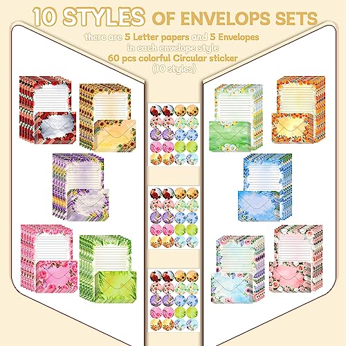 TaoBary 160 Pcs Flower Stationery Paper and Envelopes Set 50 Double Sided Lined Stationery Paper with 50 Matching Envelopes and 60 Round Dot Sticker 5.5 x 8.25'' Letter Writing Kit, 10design - size: 5.5 x 8.25 Inch, style: Flower
