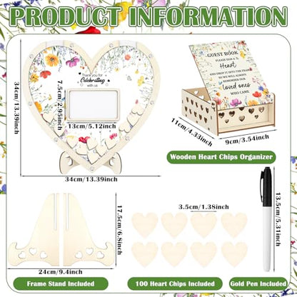 Chunful Hearts Guest Book Alternative with 100 Wooden Hearts Chips Box and Pen Brown Wooden Heart Picture Frame Rustic Guest Book Reception for Wedding Baby Shower Birthday Ceremony(Wildflower) | Drop Box with Photo Frame and Pen, Rustic Decor for Recepti