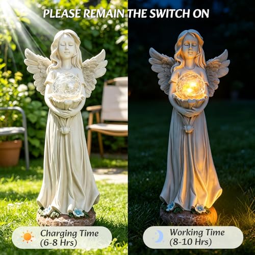 MUMTOP Angel Statues for Garden, White Solar Angels Statue for Cemetery | Lighted Yard Angel Statues Outside with Crackle Glass Ball LED Light,Resin Memorial Figurines Gifts for Women,lawn decoration