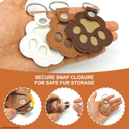 Pet Hair Keepsake Keychain 3 Pack, Dog Fur Keepsake Paw Shaped Leather Holder, Clear Memorial Keyring for Cat & Dog Hair, Pet Loss Gift