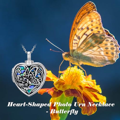 TOUPOP Heart Urn Locket Necklace for Ashes and Pictures 925 Sterling Silver Locket Cremation Jewelry with Abalone Shell Keepsake Memorial Gifts for Women（That Holds Pictures and Ashes） - style: Butterfly