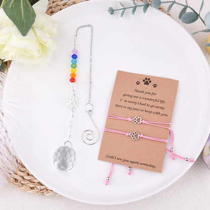 Sisadodo Rainbow Bridge Dog Memorial Gifts for Loss of Dogs Cats Rainbow Bridge Bracelet Keychains Paw Crystal Sun Catcher - color: pink