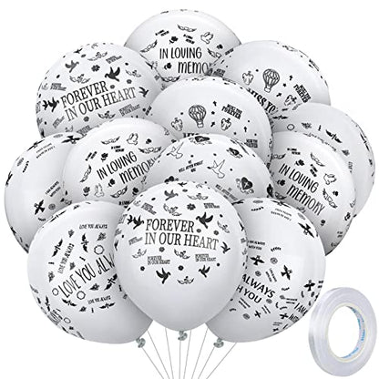 72 Pcs Memorial Balloons Set White Remembrance Funeral Celebration of Life Latex Balloon with Ribbon Love You Always Miss You Forever We Will Never Forget You Balloons Decorations 12 Inch