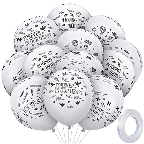 72 Pcs Memorial Balloons Set White Remembrance Funeral Celebration of Life Latex Balloon with Ribbon Love You Always Miss You Forever We Will Never Forget You Balloons Decorations 12 Inch