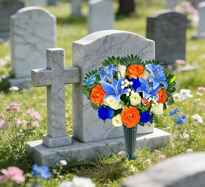 Artificial Cemetery Flowers for Grave Vase - Gravesite Flowers,Headstone Decorations with Blue Lily White Rose Mix Bouquet