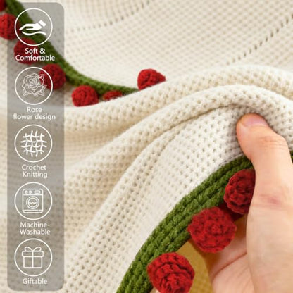 Premium Crochet Flower Bouquet Blanket Rose Red Birthday Gifts for Women | Unique Gifts for Mom Wife Grandma Girlfriend Handmade Knitted Throw Blanket, Get Well Gifts for Women After Surgery, 51in - color: Red Rose