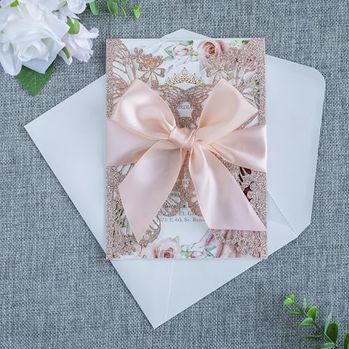 20 PCS 5.12x7.2 Butterfly Personalized Quinceanera Invitation, Customized XV Anos Laser Cut Invitation Cards with Envelopes (Rose Gold Personalized) - color: 20 PCS Rose Gold Personalized