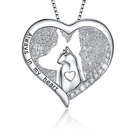 Sterling Silver Cat Necklace Jewelry Memorial Gifts for Cat Lovers | Cat Pendant Necklace ，Cute Dainty Animal Remembrance Jewelry Birthday Gifts for Cat Mom Her Women - style: Always in my heart Necklace 1
