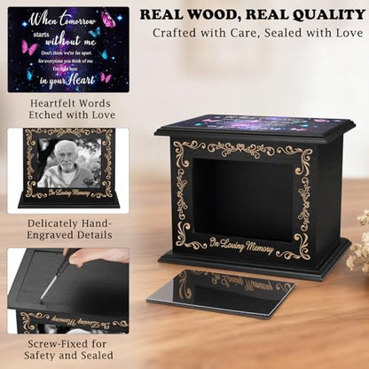 Abooxiu Cremation Urns for Human Ashes Keepsake Urn for Ashes, Burial Funeral Memorial Decorative Urns, Wooden Box and Casket Men Women Adult Male or Female with Photo Frame - Up to 200 LBS