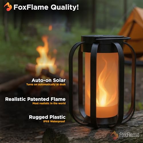 FoxFlame Modern Solar Lanterns Outdoor Waterproof, Patented Fire Effect - style: Modern Flame Lantern