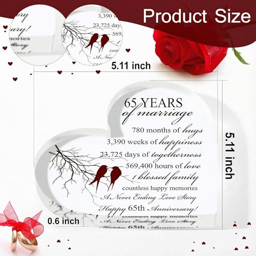 Qunclay 65th Years of Marriage Gift Wedding Anniversary Souvenir Heart Marriage Keepsake Decoration Present for Couple Parent Women Mom Husband Wife He She Friend Grandparents - style: 65th
