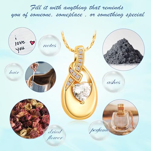 Teardrop Urn Necklace for Ashes Birthstone Heart Memorial Jewelry Stainless Steel Cremation Pendant for Women Men Keepsake Gift - color: Gold
