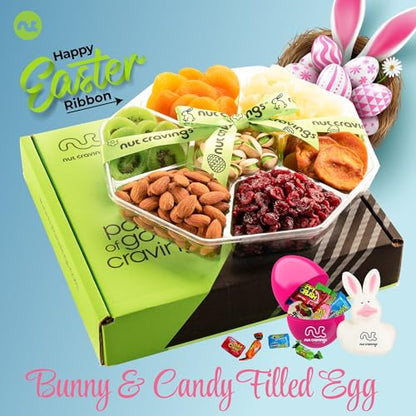 NUT CRAVINGS Gourmet Collection - Easter Treats, Candies & Dried Fruit Nuts Gift Basket with Happy Easter Ribbon, Candy Filled Egg + Bunny (7 Piece Assortment) - style: 1. Easter - Deluxe (7 Piece Assortment)