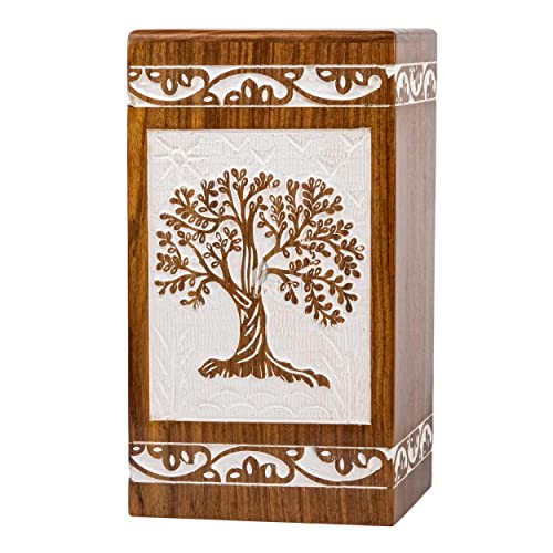 Tree of Life Wooden Keepsake Urn for Human Ashes, 20 cu in, White - color: Antique White, size: Keepsake (20 cu in)