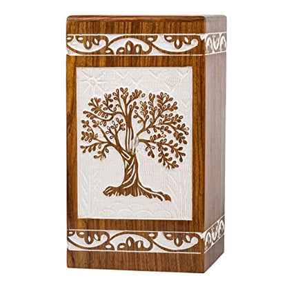 Tree of Life Wooden Keepsake Urn for Human Ashes, 20 cu in, White - color: Antique White, size: Keepsake (20 cu in)