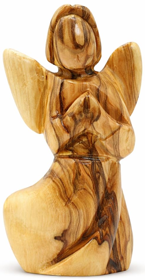 Zuluf Olive Wood Praying Guardian Angel Statue 4.1" – Hand Carved from Bethlehem – Christian Memorial & Bereavement Gift – Funeral Comfort Keepsake for Home or Church Altar - color: 4.1" Wooden Angel