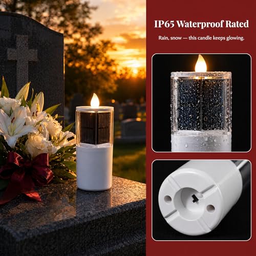 OURMEMEMO Solar Cemetery Candles 2 Pack for Double Headstone Waterproof | 2-pack solar grave candles for double headstones, auto on/off, IP65 waterproof memorial decor - size: 2