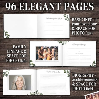 Premium Quality Gold Stamping Matt Hard Cover Funeral Guest Book, Celebration of Life Guest Book 96 Pages 120GSM Quality Paper W/Photo Cut Out, Table Sign and Elegant Black Pen Included