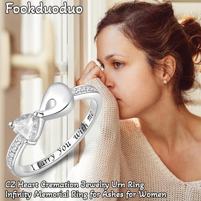 Fookduoduo Infinity Cremation Ring for Ashes - 925 Sterling Silver Cremation Urn Jewelry I Carry You with me Memorial Keepsake Locket Rings for Human/Pet Ash - style: write CZ