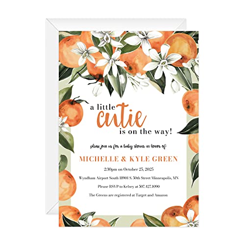 Canopy Street Little Cutie Personalized Invitations / 25 Custom Citrus Party Invites And White Envelopes/DIY 5" x 7" Baby Shower Sprinkle Party Invitation/Made In The USA - color: Personalized Little Cutie