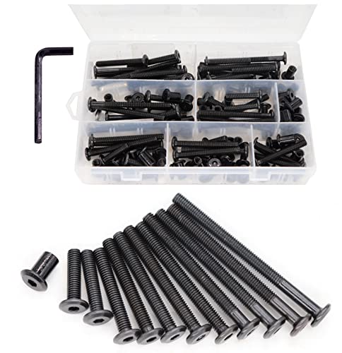 cSeao 114Pcs M6 Black Flat Head Allen Bolt Joint Connecting Bolts Socket Cap Screws Cap Nuts Kit for Furniture Chairs Bed Crib,14 Sizes from 15mm to 80mm - size: M6x15mm-80m 114pcs