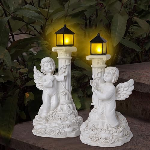 Angel Statues with Solar Lights, Outdoor Solar Angel Garden Statue with Roma Pillar, Resin Angel Ornament for Garden Decor Yard Wedding Home Decor Christian Religious Gift