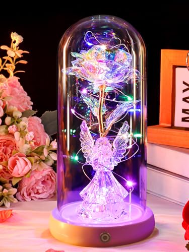 Birthday Gifts for Women Mom USB Galaxy Flower Angel Rose in Glass Dome - color: New-angel
