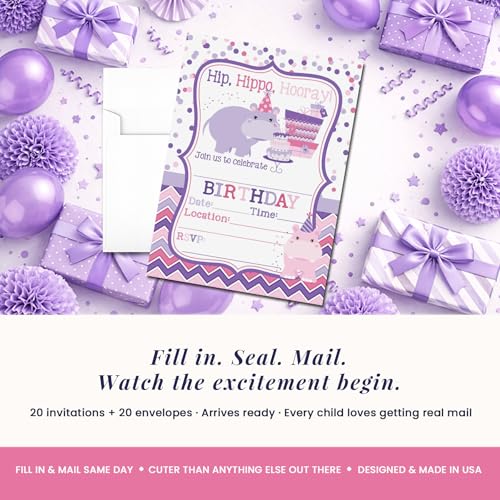 Amanda Creation Hippo Birthday Invitations for Girls, 20 Pack 5x7 Fill-In Party Cards with White Envelopes, Hip Hippo Hooray Cute Animal Design, Made in USA - color: Hip Hippo Hooray Hippopotamus
