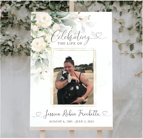 Personalized Flower White Funeral Sign - Celebration Of Life Sign - Greenery Funeral Welcome Sign - In Loving Memory Sign - Gold Cross Memorial Sign - Memorial Yard Sign - Photo Funeral Sign - color: Multi 4
