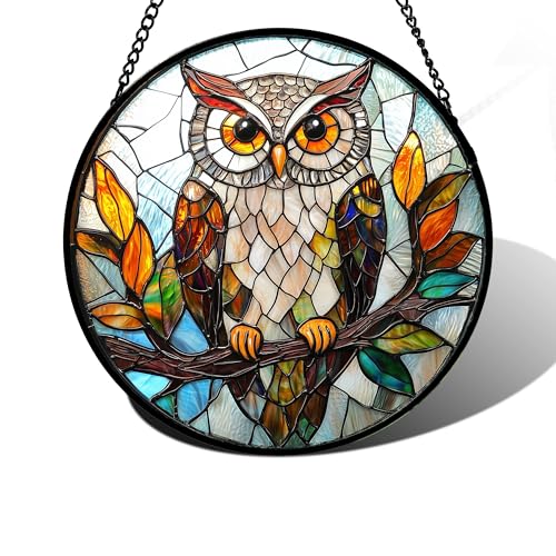 DASTOLL Stained Glass Window Hanging, Owl Colorful Leaves Birds Sun Catchers Diamond Glass Panel Hangings Suncatcher Decor for Birthday for Women, Men, Wife, Aunt, and Mom 7.8 in - color: Brown, size: 7.8x7.8 IN