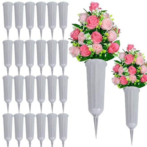 24 Memorial Flower Vase Plastic Cemetery Vases with Spikes Cemetery Decorations for Grave Decorations for Cemetery Vases for Flowers - color: Grayish