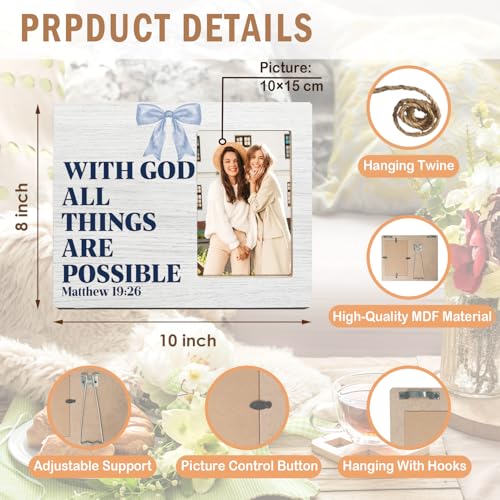 Coquette Blue Bow Christian Picture Frame 4x6, with God All Things Are Possible Inspirational Christian Gifts for Woman, Inspirational Wall and Tabletop Display Picture Photo Frames for Girls Bedroom - color: Coquette Blue Bow