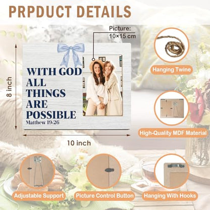 Coquette Blue Bow Christian Picture Frame 4x6, with God All Things Are Possible Inspirational Christian Gifts for Woman, Inspirational Wall and Tabletop Display Picture Photo Frames for Girls Bedroom - color: Coquette Blue Bow