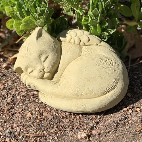 Sleeping Cat with Wings: Durable Solid Stone Pet Memorial Statue. Unique Home Décor, Garden Accent. Sealed for Outdoors. Handcrafted USA. (Old Stone/tanish)