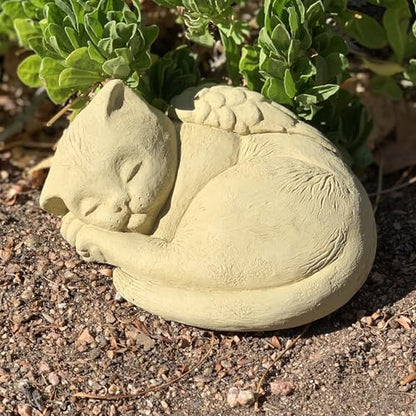 Sleeping Cat with Wings: Durable Solid Stone Pet Memorial Statue. Unique Home Décor, Garden Accent. Sealed for Outdoors. Handcrafted USA. (Old Stone/tanish)
