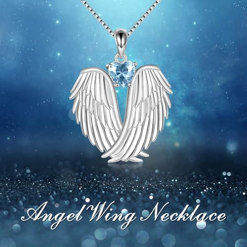 YFN Angel Wings Necklace 925 Sterling Silver Guardian Angel Wings Pendant Necklace Birthstone Necklace for Women Girls Christmas Jewelry Gifts - color: March-Blue