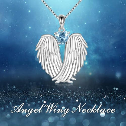 YFN Angel Wings Necklace 925 Sterling Silver Guardian Angel Wings Pendant Necklace Birthstone Necklace for Women Girls Christmas Jewelry Gifts - color: March-Blue