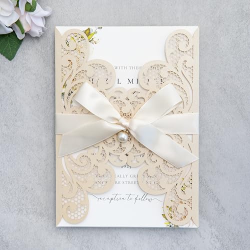 20Pcs Champagne Laser Cut Wedding Invitation Cards With Envelopes - color: Champagne