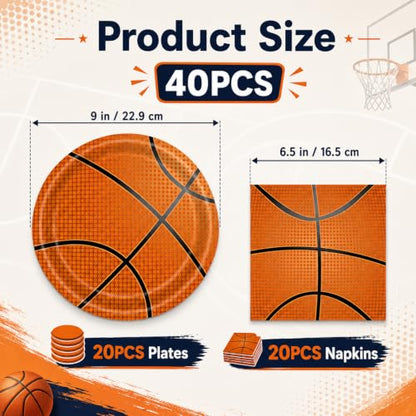 40 Pcs Basketball Plates and Napkins Set, Large 9 Inch Party Plates - color: Basketball