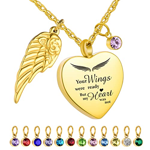 Dletay Heart Urn Necklace for Ashes with 12 Birthstones Cremation Jewelry for Ashes -Your Wings Were Ready My Heart Was Not - color: Your wings-Gold