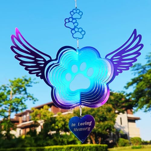 Dog Cat Paw Print Sympathy Gifts Stainless Steel Pet Memorial Wind Spinners | Angel Wings Pet Paw Print for Indoor Outdoor Garden Yard Patio Decor，Dogs Cats Christmas Tree Ornament,Gift for Pet Lovers - color: Purple-blue Paw Print