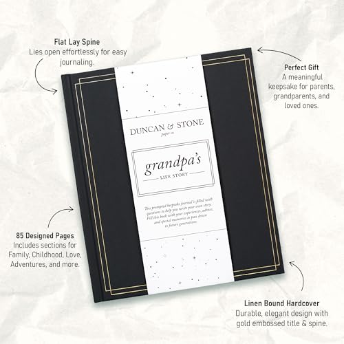 Duncan & Stone Grandpa Legacy Journal, Life Memory Book, Prompts, Charcoal | Linen keepsake with prompts & family tree for Grandpa to share his life story; an 85-page legacy gift for grandfather - style: Your Story Grandpa