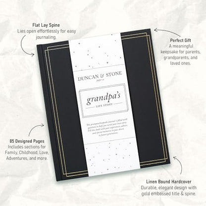 Duncan & Stone Grandpa Legacy Journal, Life Memory Book, Prompts, Charcoal | Linen keepsake with prompts & family tree for Grandpa to share his life story; an 85-page legacy gift for grandfather - style: Your Story Grandpa