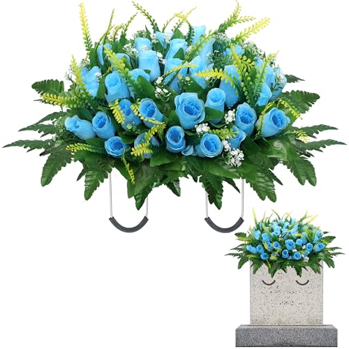 Cemetery Headstone Flower Saddle, Blue Silk Roses, 19x9x27 Inches, 1 Piece, Traditional Elegant Style, Artificial Grave Flowers, Grave Tombstone Decorations - color: Blue