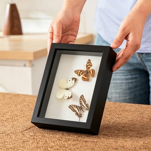 5x7 Small Shadow Box Frame with Ultra-Clear Glass & Soft Linen Back | With Push Pins and Stand, Deep 1.2" Black Shadow Box Display Case – Display on Tabletop or Wall for Photo, Flower, Keepsakes - color: Black+high Definition Panel + Shatter-proof Packagi
