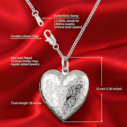 LIFETIME JEWELRY Antique Heart Locket Necklace for Women & Girls That Holds Pictures – 10X Thicker Real 24K Gold Plated Charm – Made in USA with Lifetime Replacement - style: Big White Gold Locket with Chain