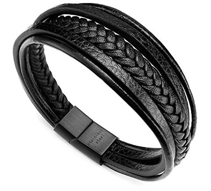 Mens Leather Bracelet with Clasp Cowhide Multi-Layer Braided Leather Mens Bracelet - style: black leather&black clasp&7.5