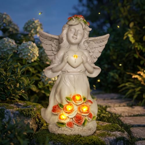 Solar Light Angel Garden Statues Sculptures for Grave Decoration | Weatherproof, Sympathy Cemetey Decoration, Outodor Angel Gifts for Mom Grandma, Handmade of Resin, 8.7" Tall