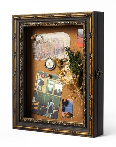 11x14 Vintage Shadow Box Display Case for Memorabilia, Black Gold | Antique Display Case for Collectibles, Pet Items, Travel Souvenirs, Wedding Memories, Corks and Tickets - color: Black Gold, size: 11x14"